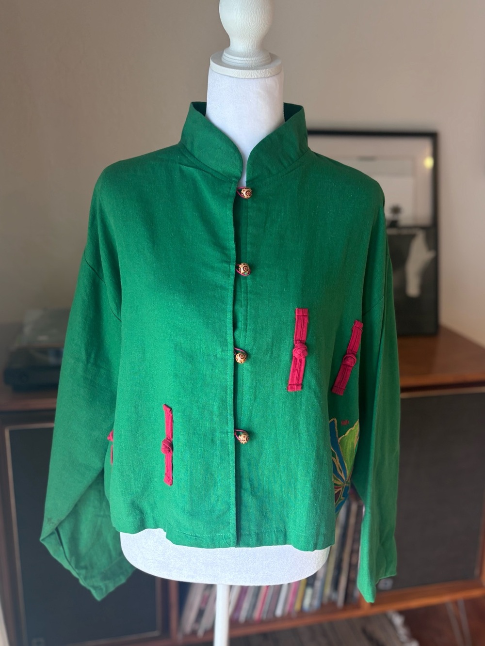 Vintage Green Embroidered Button-Front Jacket